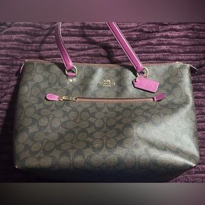 Coach Signature Brown Gallery Tote with Dark Magenta Accents